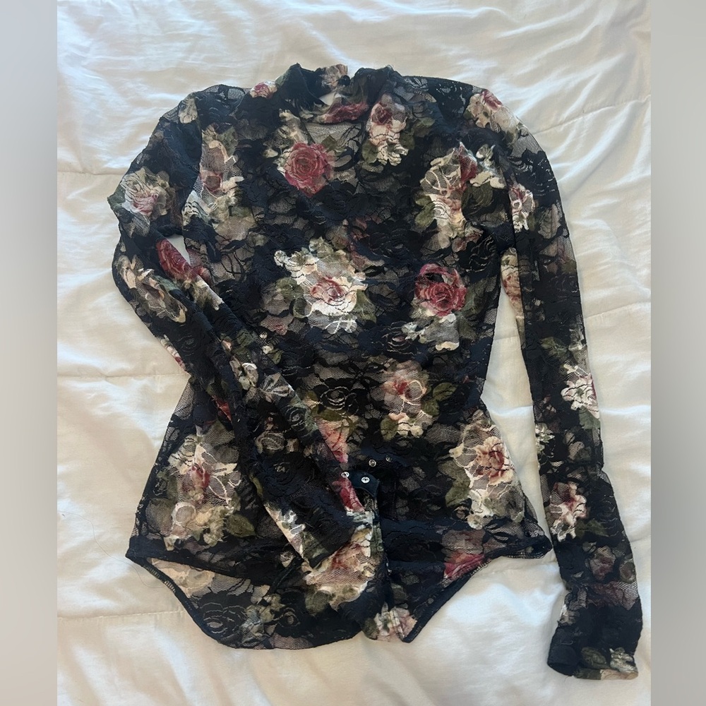 Charlotte Russe Black Floral Lace Bodysuit
